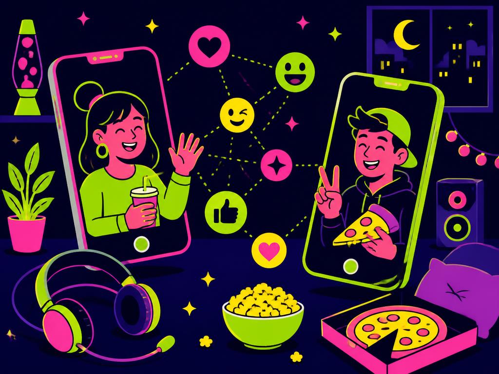 Deux téléphones connectés avec des emojis, casque et pizza pour une soirée à distance