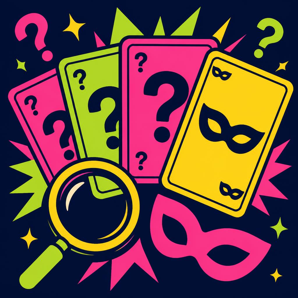 Cartes de jeu colorées avec points d'interrogation, loupe et masques